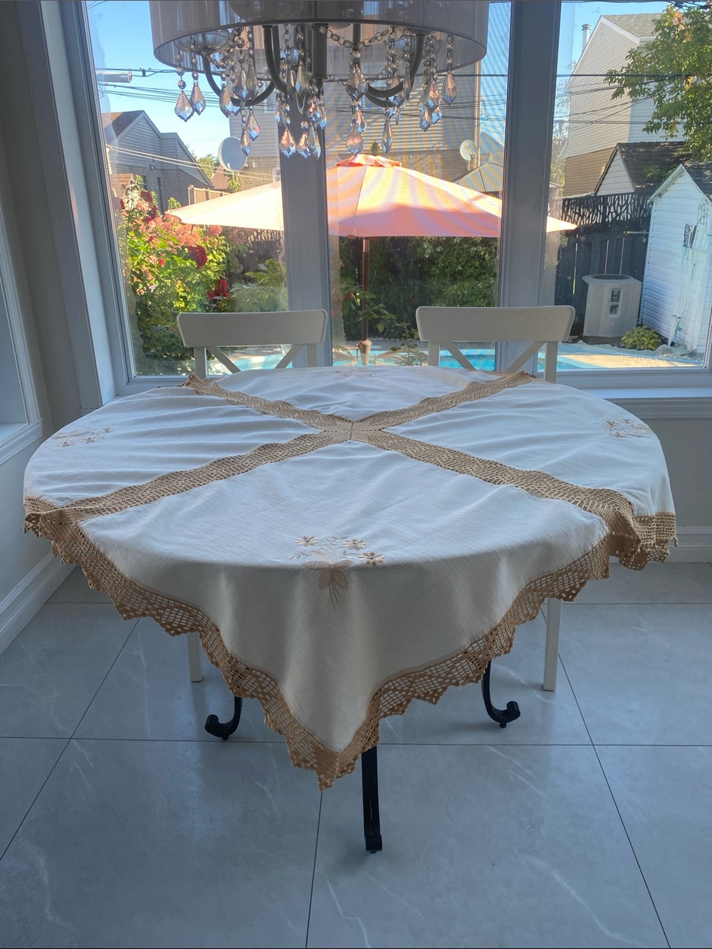 Squaee Tablecloth in Cream & Tan Crochet-Trim w floral motifs 50”x 51.5”